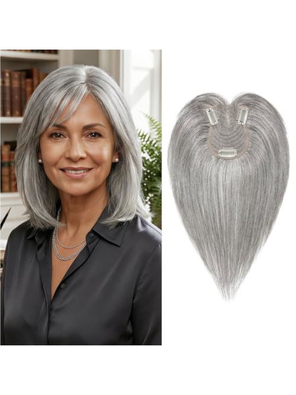 Gray Clip-In Hair Topper -100% Human Hair Silver Gray